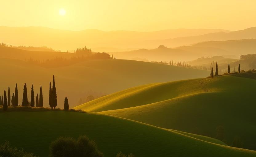 Collines de Toscane au lever du soleil